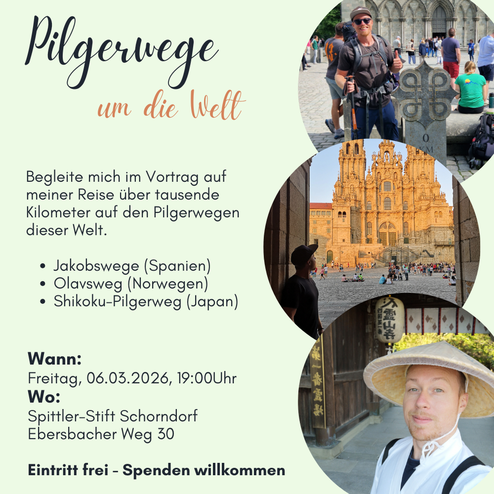 Flyer zum Vortrag Pilgerwege um die Welt